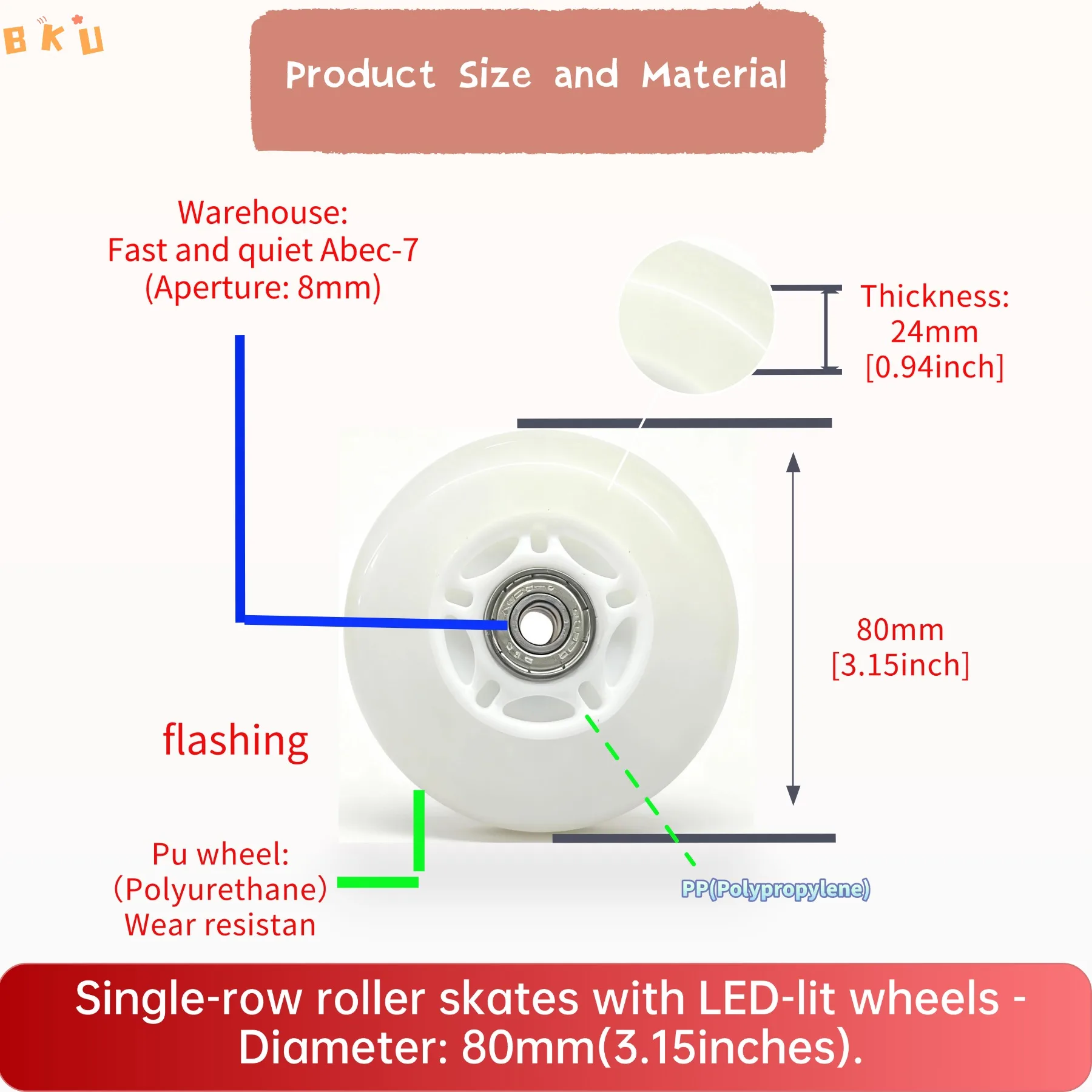 BKU 80mm Outdoor Inline Hockey Skate Wheels Light-up PU Quiet Durable for Inline Skates And Scooters 3.15 Inches