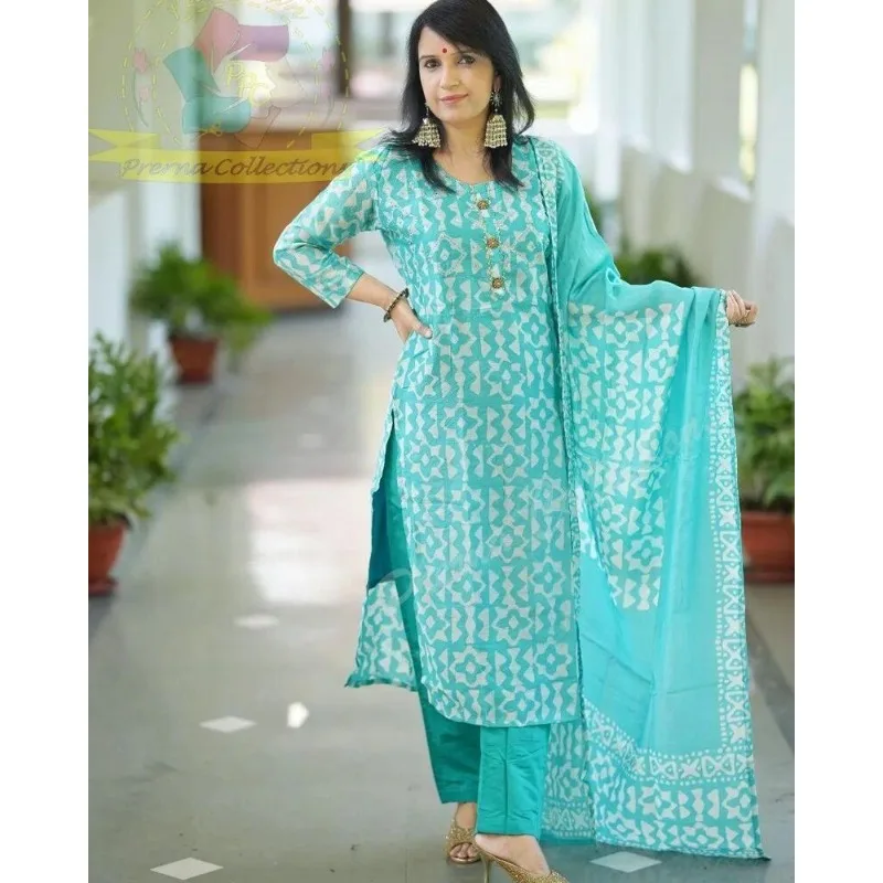 Women Salwar Kameez Suit Blue Color Printed Kurta Palazzo & Dupatta Kurti Pant