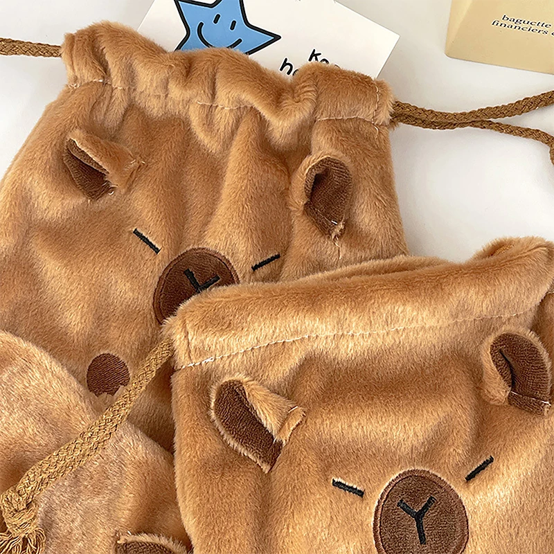 New Capybara Plush Porpoise Drawstring Bundle Pocket Portable Plush Bag Large Capacity Handbag Casual Lightweight Travel Pouch