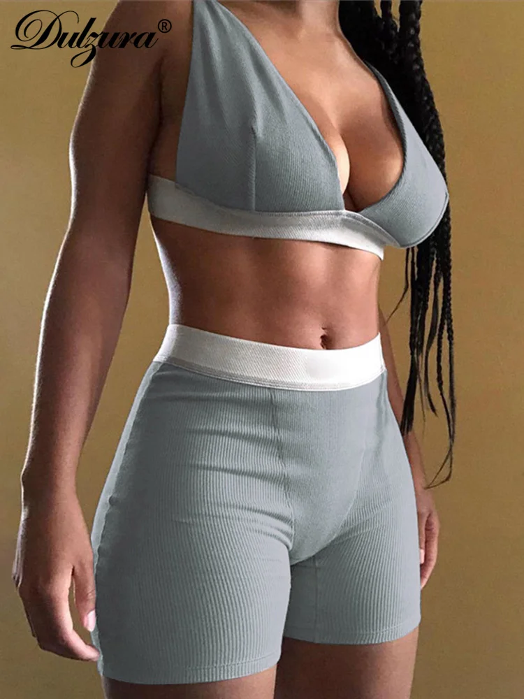 Dulzura Ribbed Patchwork Women Two Piece Set Bra Crop Top Biker Shorts Suits Bodycon Sexy Streetwear Matching Sporty Tracksuit