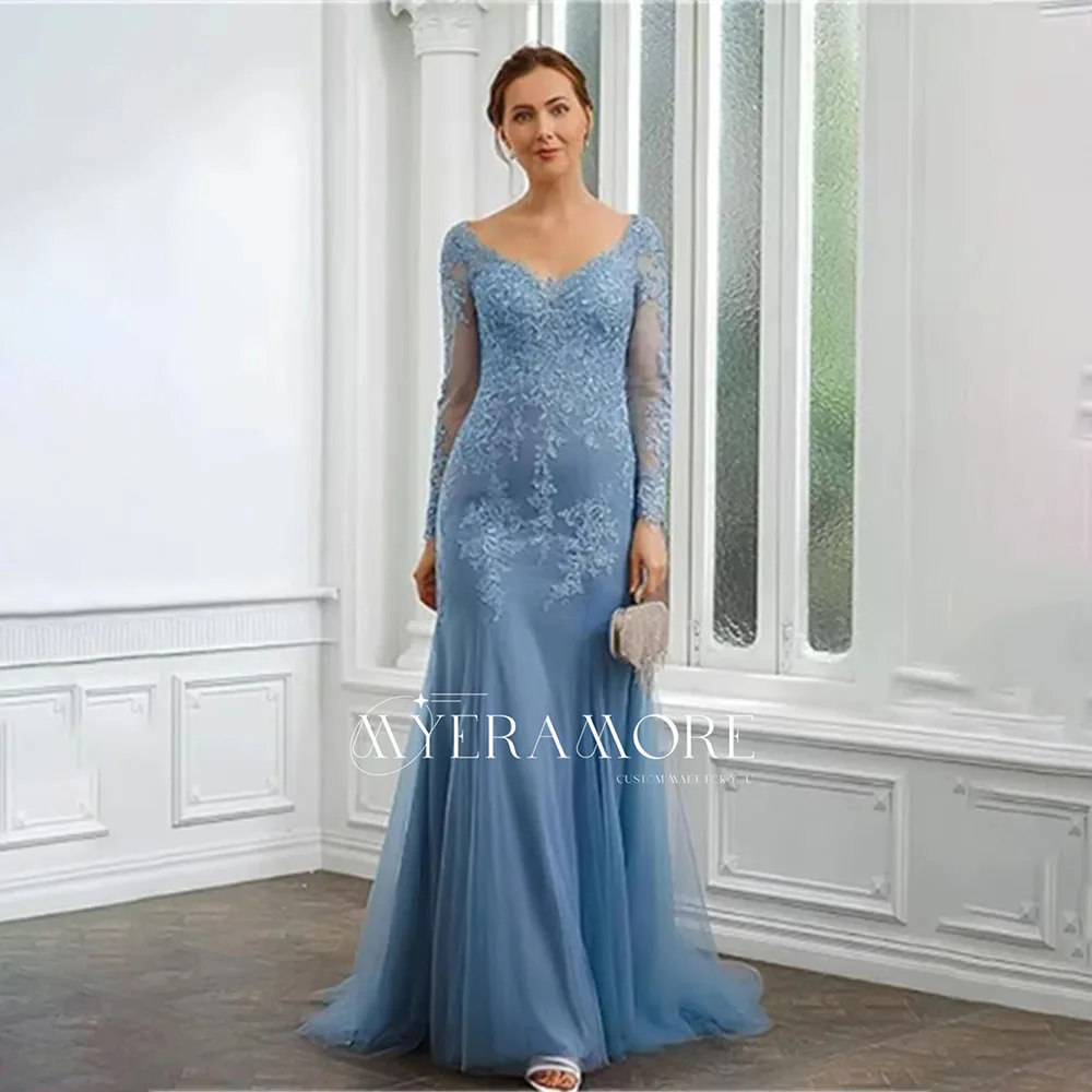 

Elegant Mother of the Bride Dress Long Sleeve V Neck Floral Applique Mermaid Wedding Guest Party Gowns for Women Customized