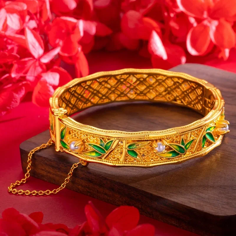 9999 Real Gold 24K Flower Silk Craft Palace Ancient Gold Enamel Bamboo Bracelet Vintage Enamel Bamboo Leaf Bamboo Pearl Bracelet