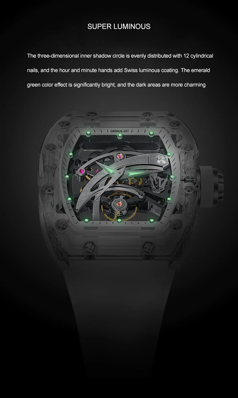 CRONUSART orologio automatico da uomo 50mm orologio da polso meccanico Tonneau di lusso con cassa in zaffiro quadrante con cinturino in fluorurrubber luminoso