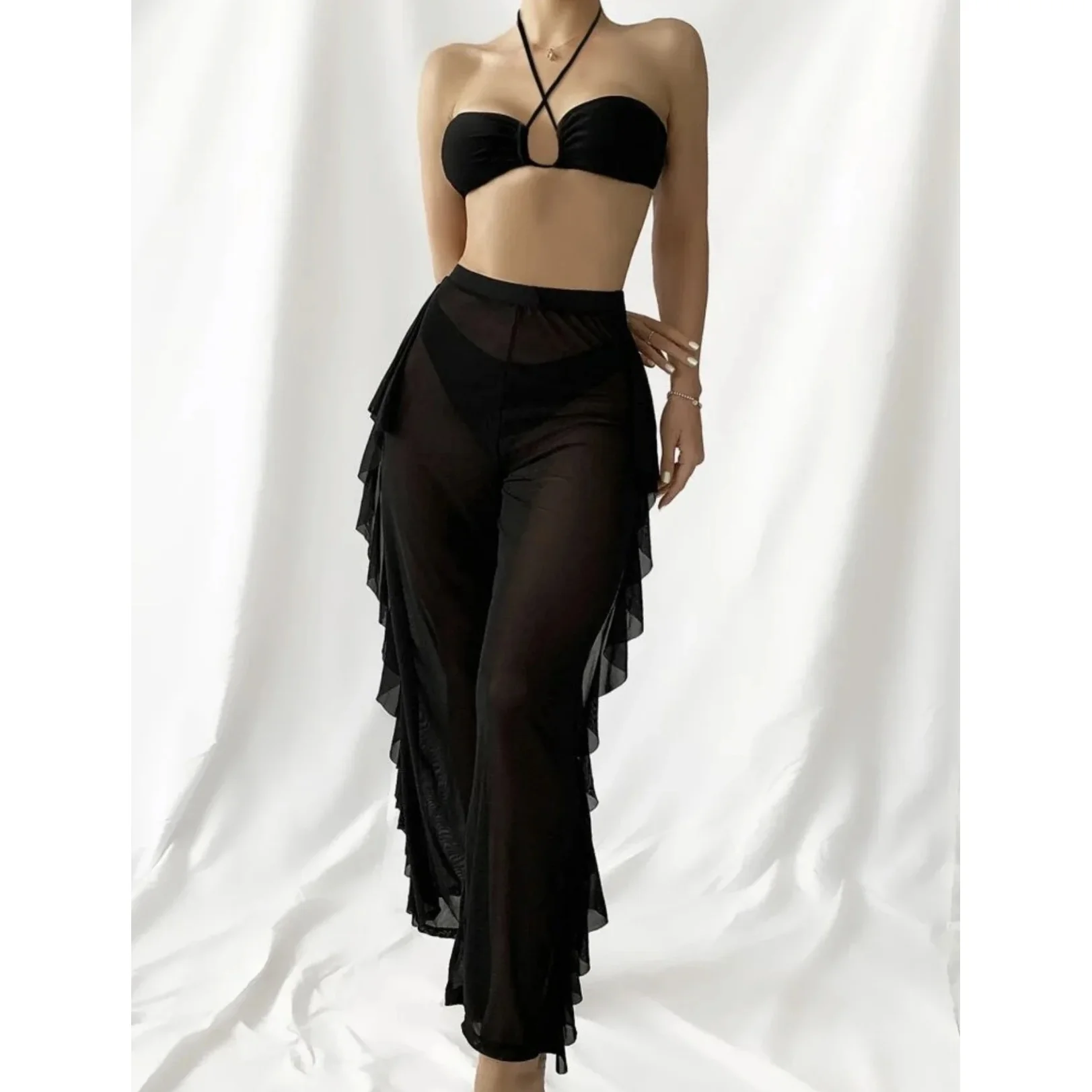3 Piece Halter Cross Bikini Set with a Beach Cover Up - Halter Top with Ruffled Maxi Pants Tropical Swimwear for Summer