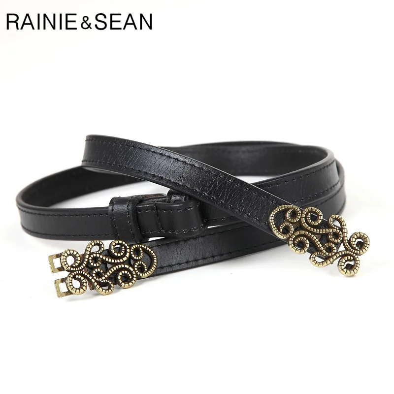 RAINIE SEAN Thin Leather Belt Women Vintage Cowhide Ladies Designer Belt Red Black White Brown Coffee Female Strap