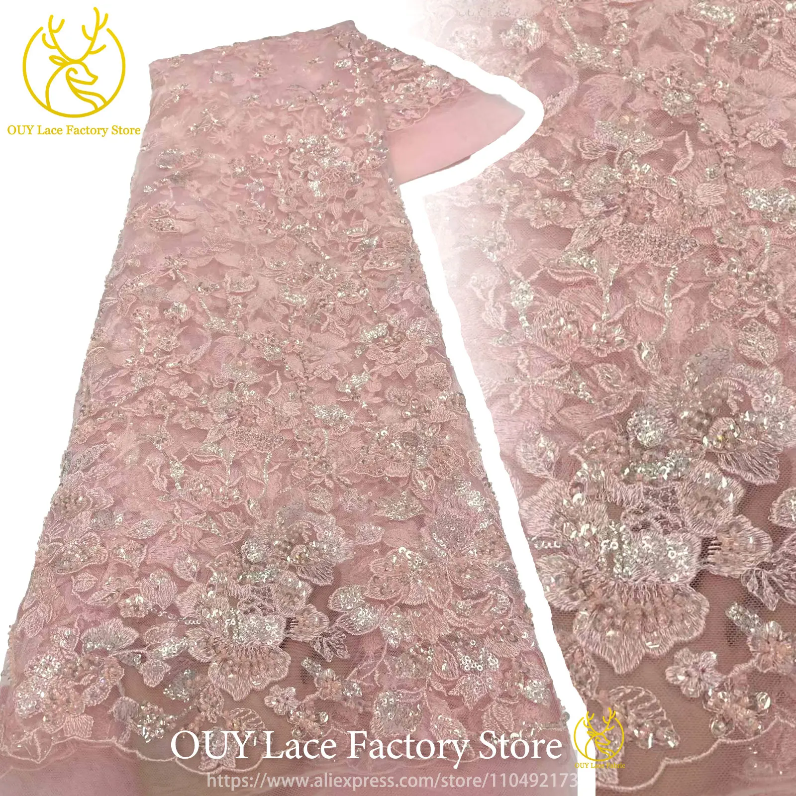 Pink African DIY Handmade Embroidery Sequins Lace Fabric 2026 High Quality Nigerian Beaded Tulle Lace Bridal Wedding Dress