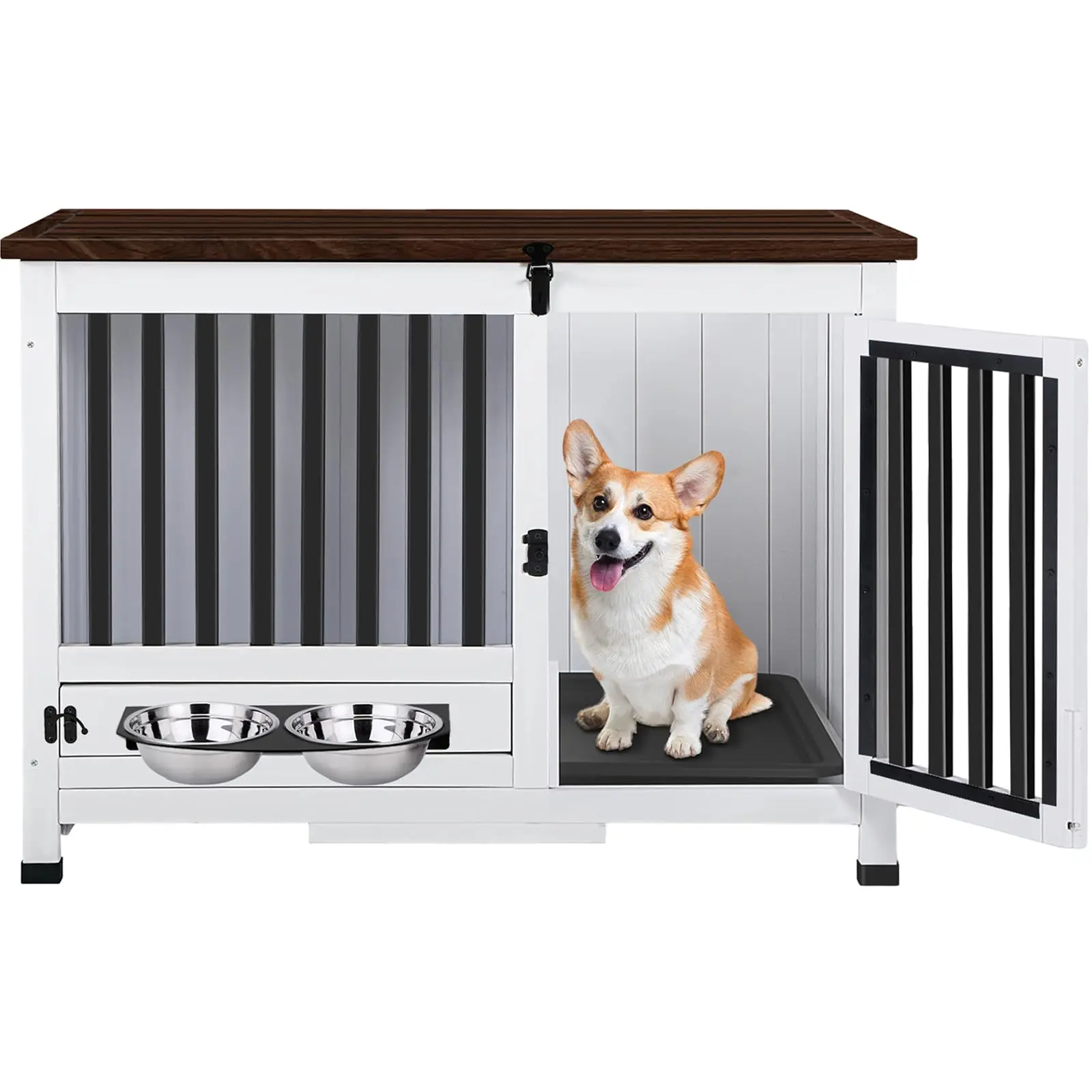 33.3 Inch Wooden Dog Crate Furniture - Multi-Functional Dog Crate Side Table with 360° Swivel Feeder for Small and