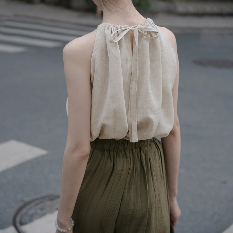 100% Linen Sexy Halter Women Summer Top Solid Sleeveless Back Bandage Tie Up Korean Harajuku  Tank Tops Vintage Clothes