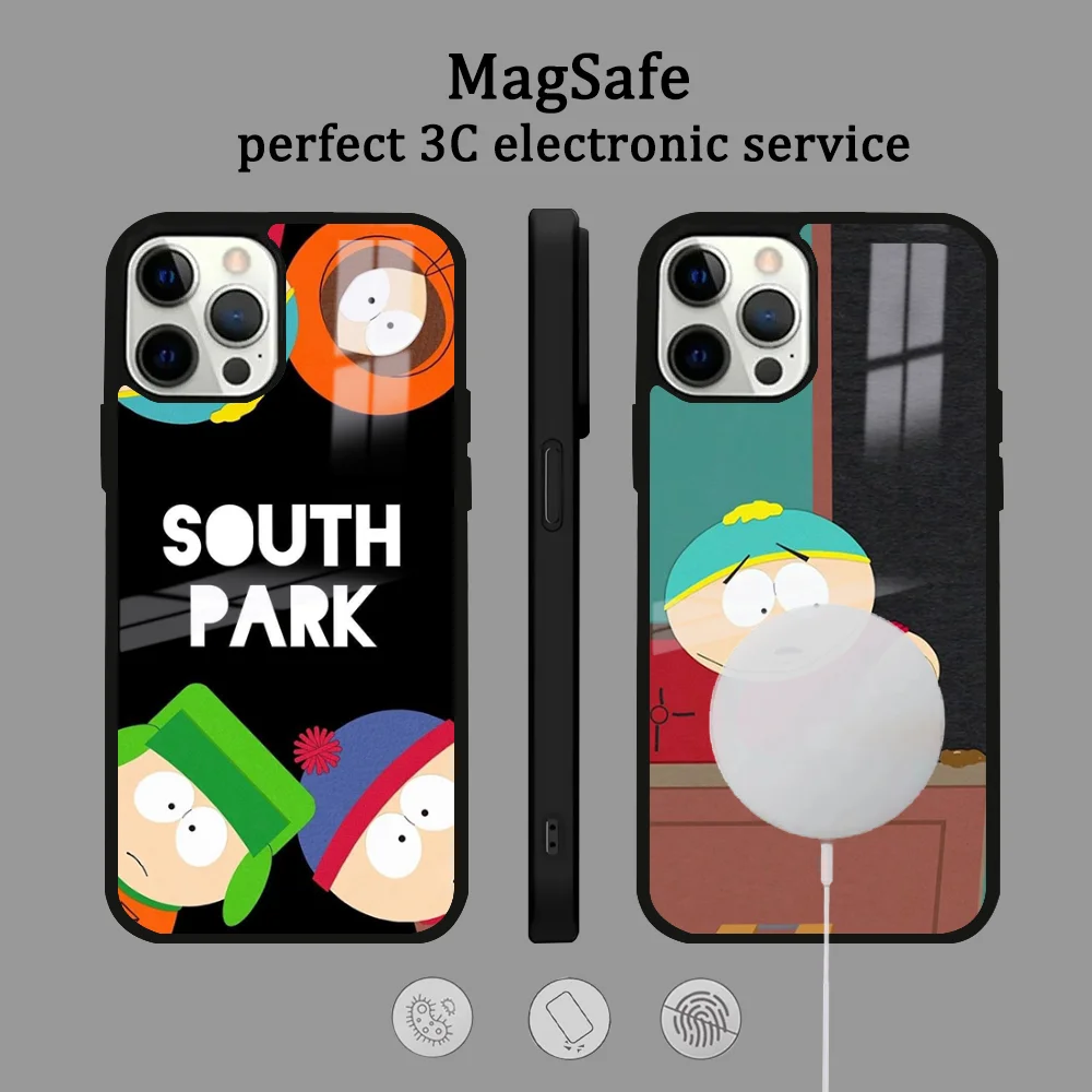 Cartoon S-South P-Park Phone Case For iPhone 16 15 14 13 12 11 Pro Max Plus Mini Magsafe Mirror Wireless Magnetic Cover