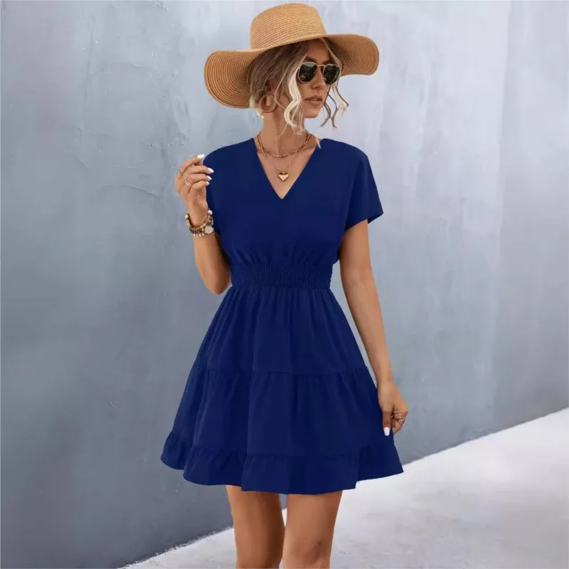 Summer Solid OL Midi Dress For Women navy blue pink V Neck Short Sleeve Ruffles Patchwork A-Line Dresses