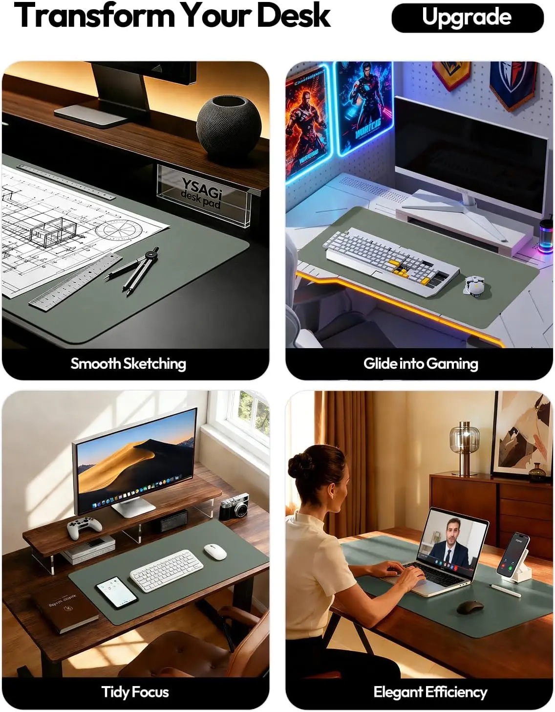 Leather Desk Pad Protector, Large Mouse Pad with Non-Slip Backing for Office and Home, 23.6x13.8 Inches Dark Green - view 2