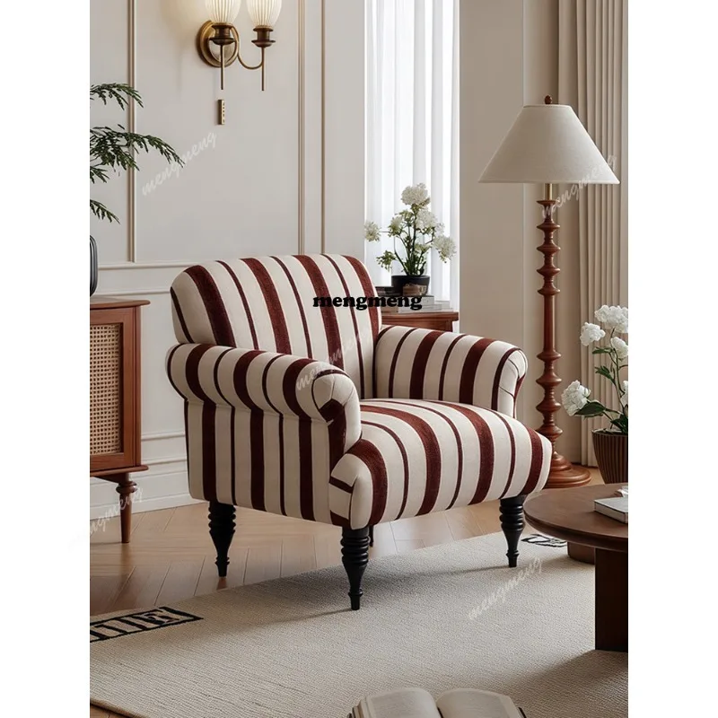 

Retro single sofa small apartment living room striped single chair medieval solid wood leisure chair