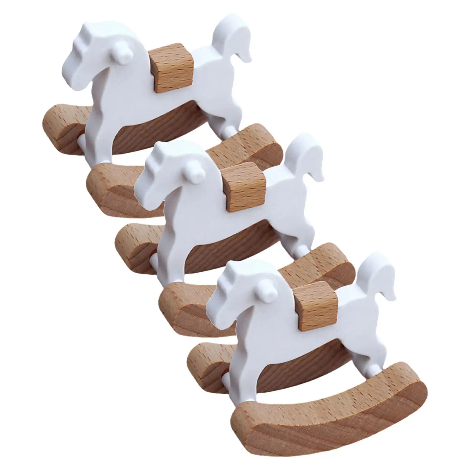 3pcs Wooden Rocking Horse Toy Set for Toddlers – Mini Dollhouse Figurines & Chairs