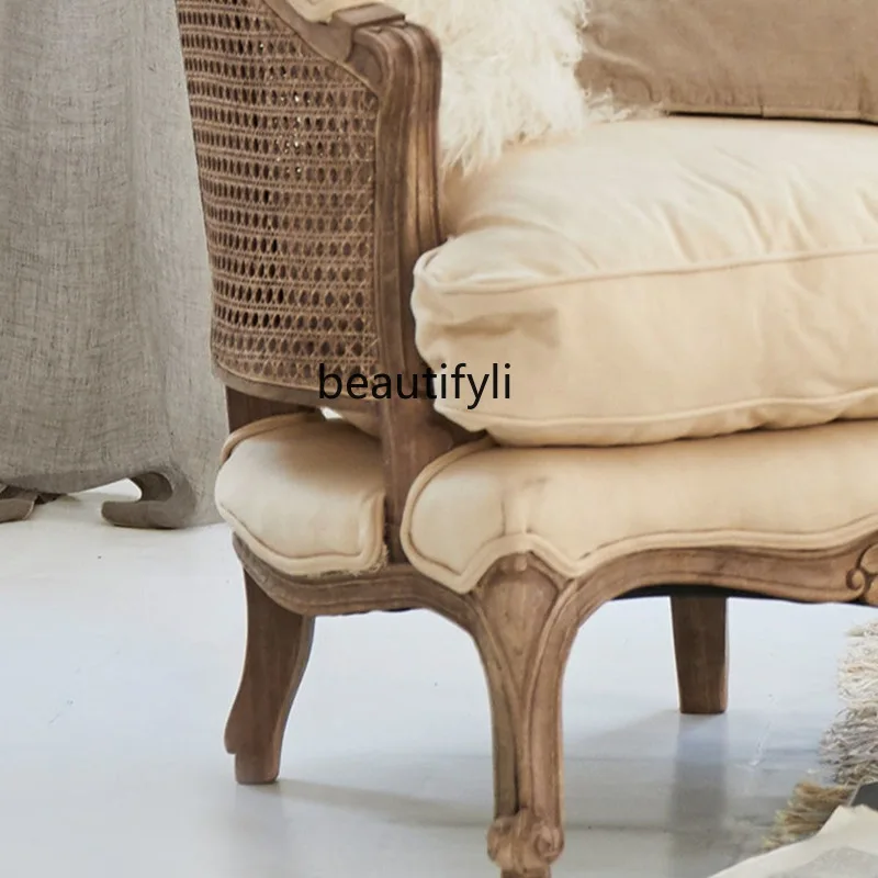 Wood Carved Rattan Single Sofa Rattan Vintage Bed & Breakfast Removable and Washable Wingback Chair