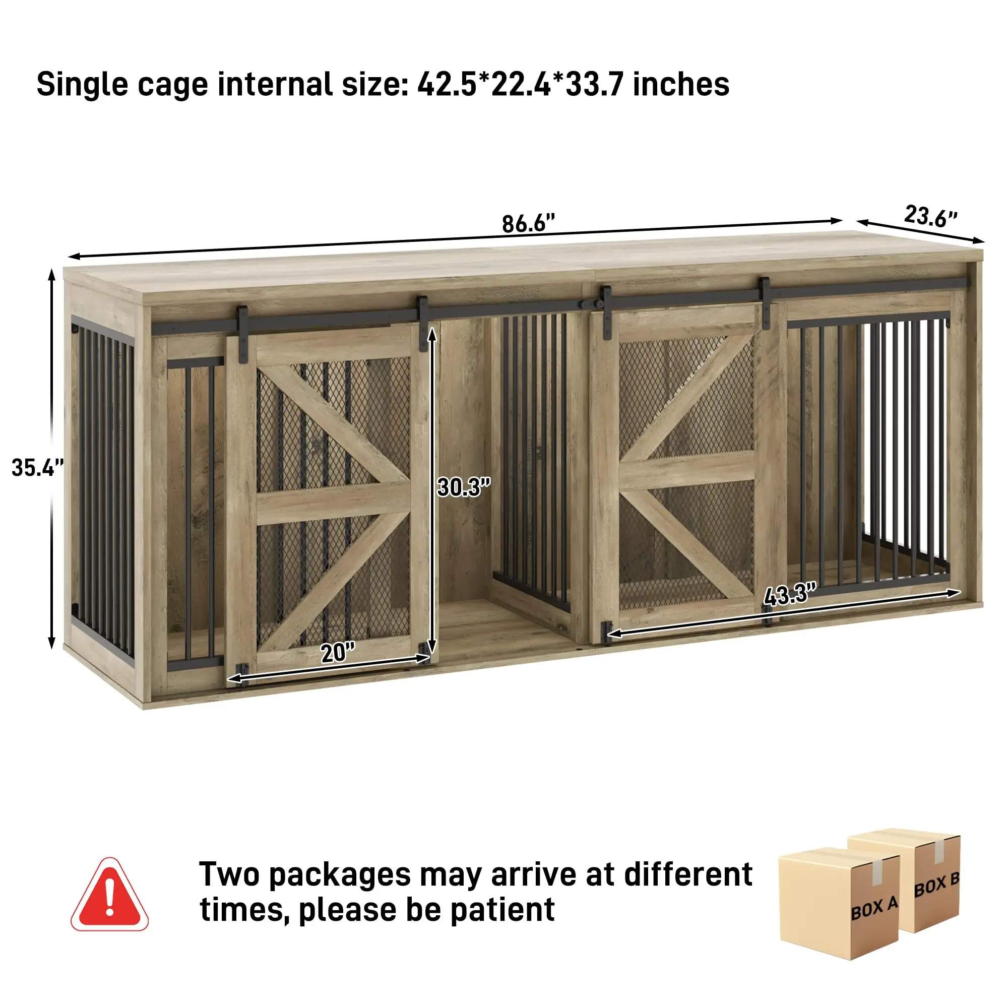 jiteentarou87In Farmhouse Dog Crate TV Stand, Wooden Dog Kennel Furniture with Sliding Metal Mesh Barn Door, Large Dog