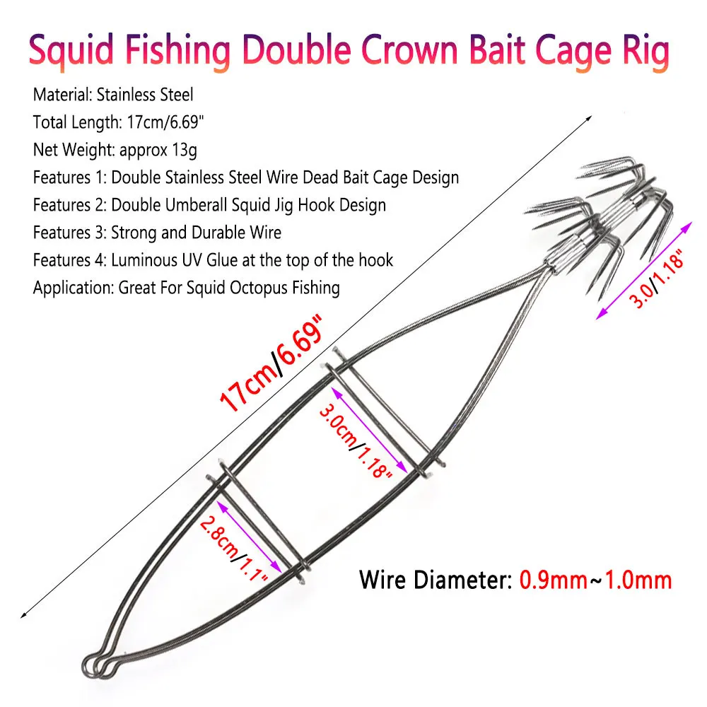 Bimoo 17cm Squid Octopus Fishing Stainless Steel Double Crown Bait Cage Rig Luminous Double Umbrella Jig Hook Fishing Tackle