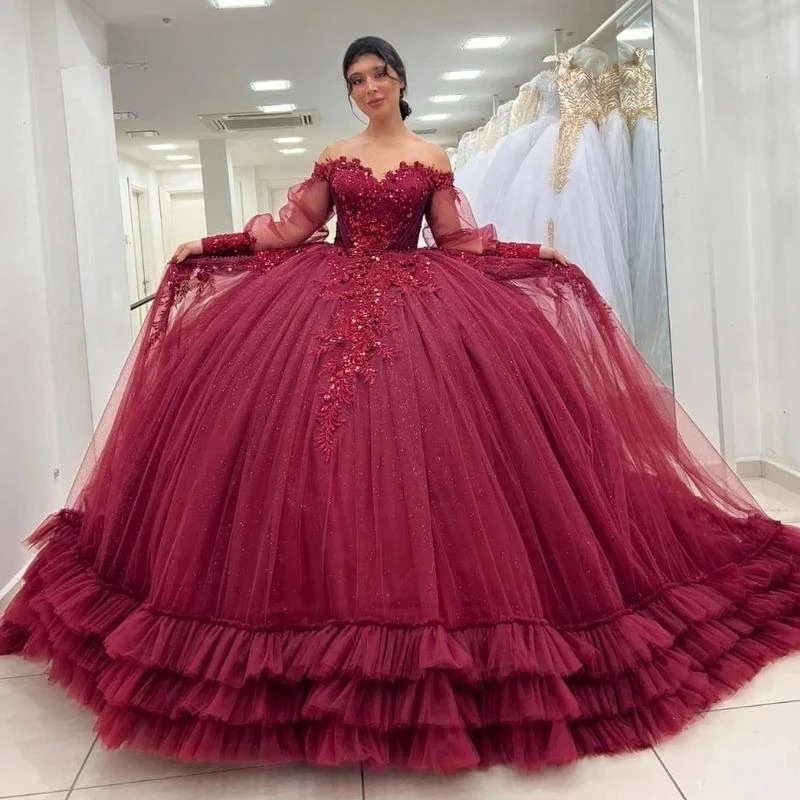 

Платье Bury Quinceanera, бальное платье с открытыми плечами, кружевная аппликация, бисер, тюль, длинный рукав, многоуровневое сладкое платье 16, Vestido De 15 Anos