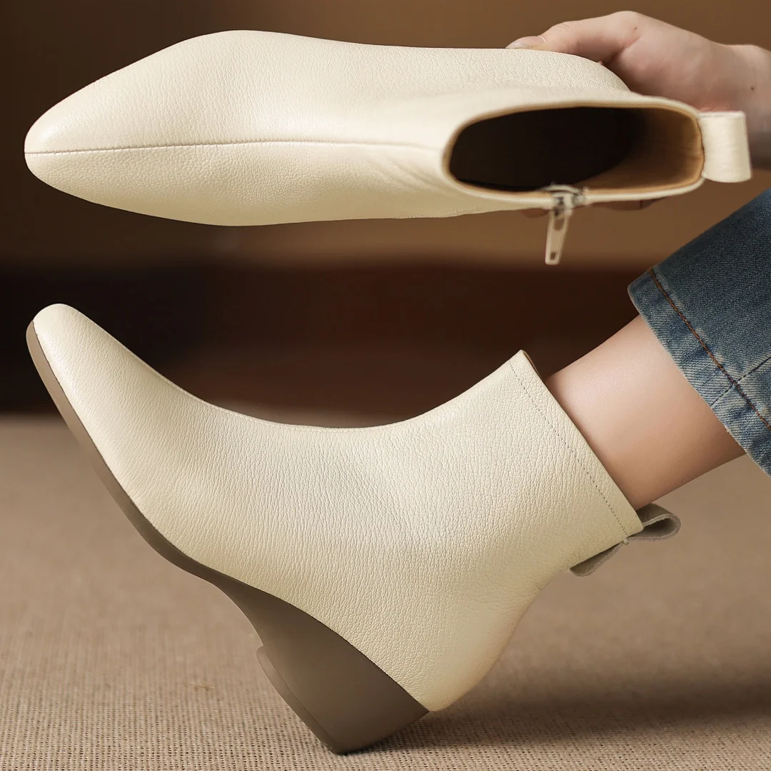 

Women's cow leather pointed toe side zip autumn ankle boots 4.5cm wedge med heel casual female short booties shoes for woman hot