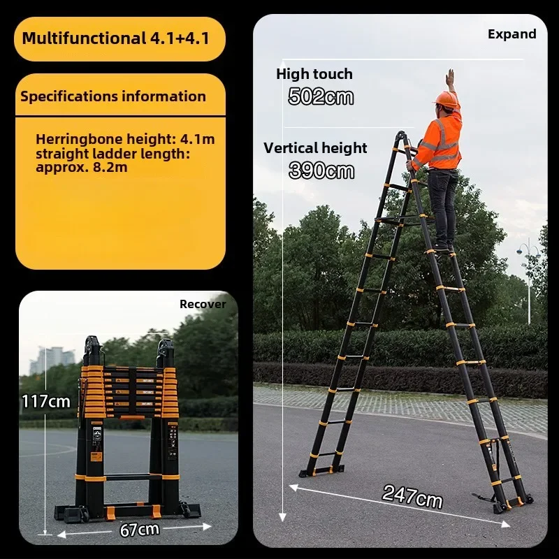 Aluminum Alloy Thickened Telescopic Ladder  Portable Engineering Folding Home Elevating Straight Ladder Herringbone Staircase fa