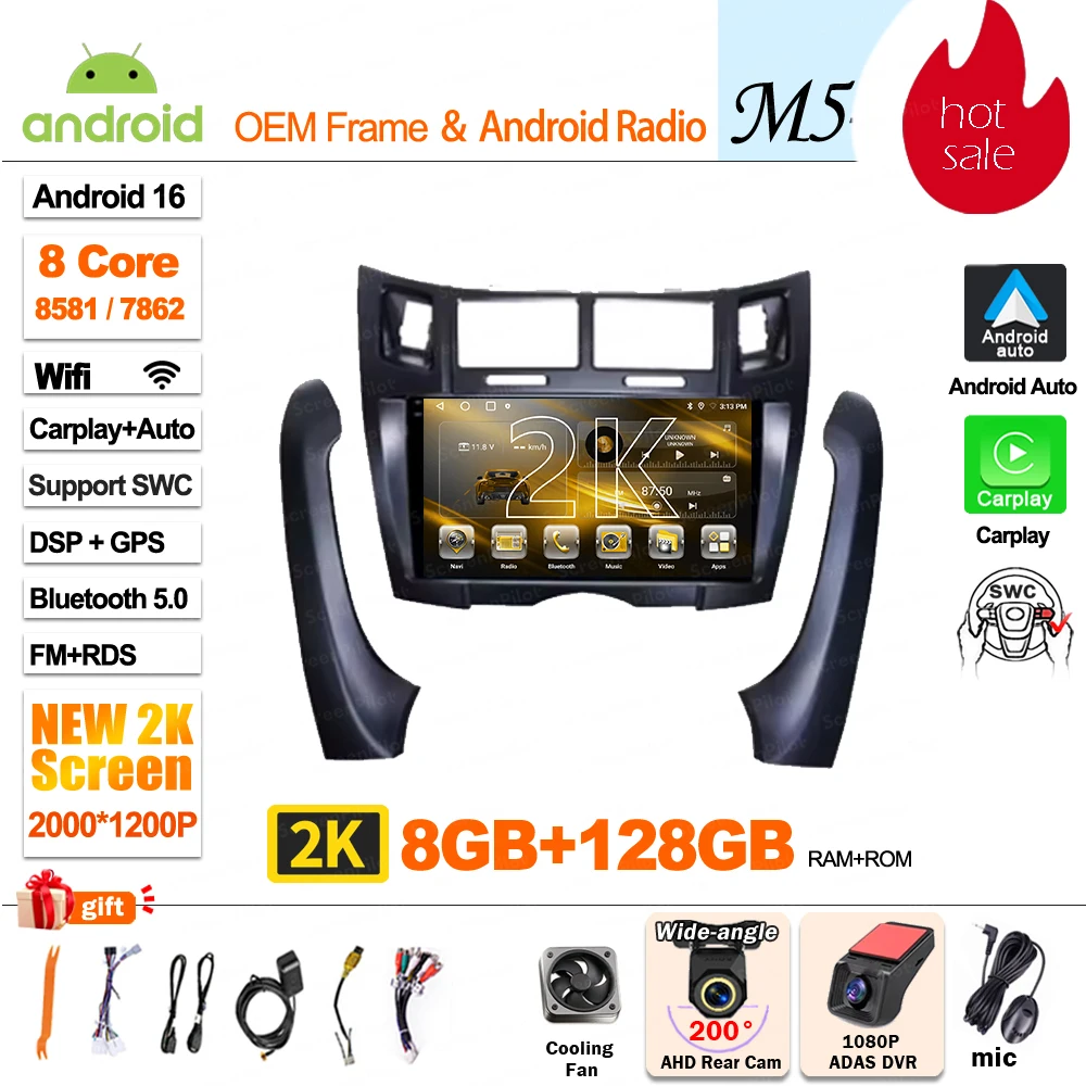Android 16 autoradio multimediaspeler videospeler stereo head unit 2 din Android Auto DSP voor Toyota Yaris Vizi 2005 - 2010 2011 2012