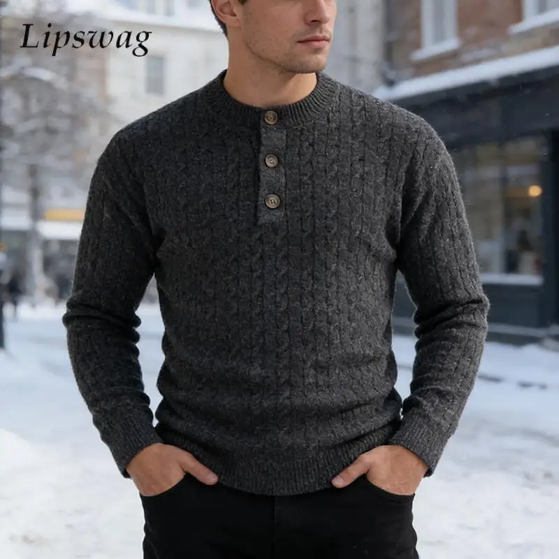 

Stylish Mens Knitting Slim Sweaters Autumn Casual Solid Color Buttoned Crew Neck Bottoming Sweater Men Winter Fashion Jumper Top