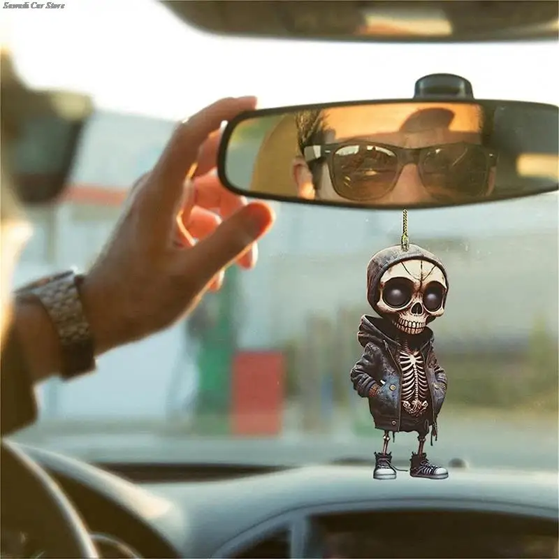 2D Printed Acrylic Car Hanging Cool Skeleton Figurines Halloween Skeleton Doll Pendant Hanging Ornament Gift Car Pendant