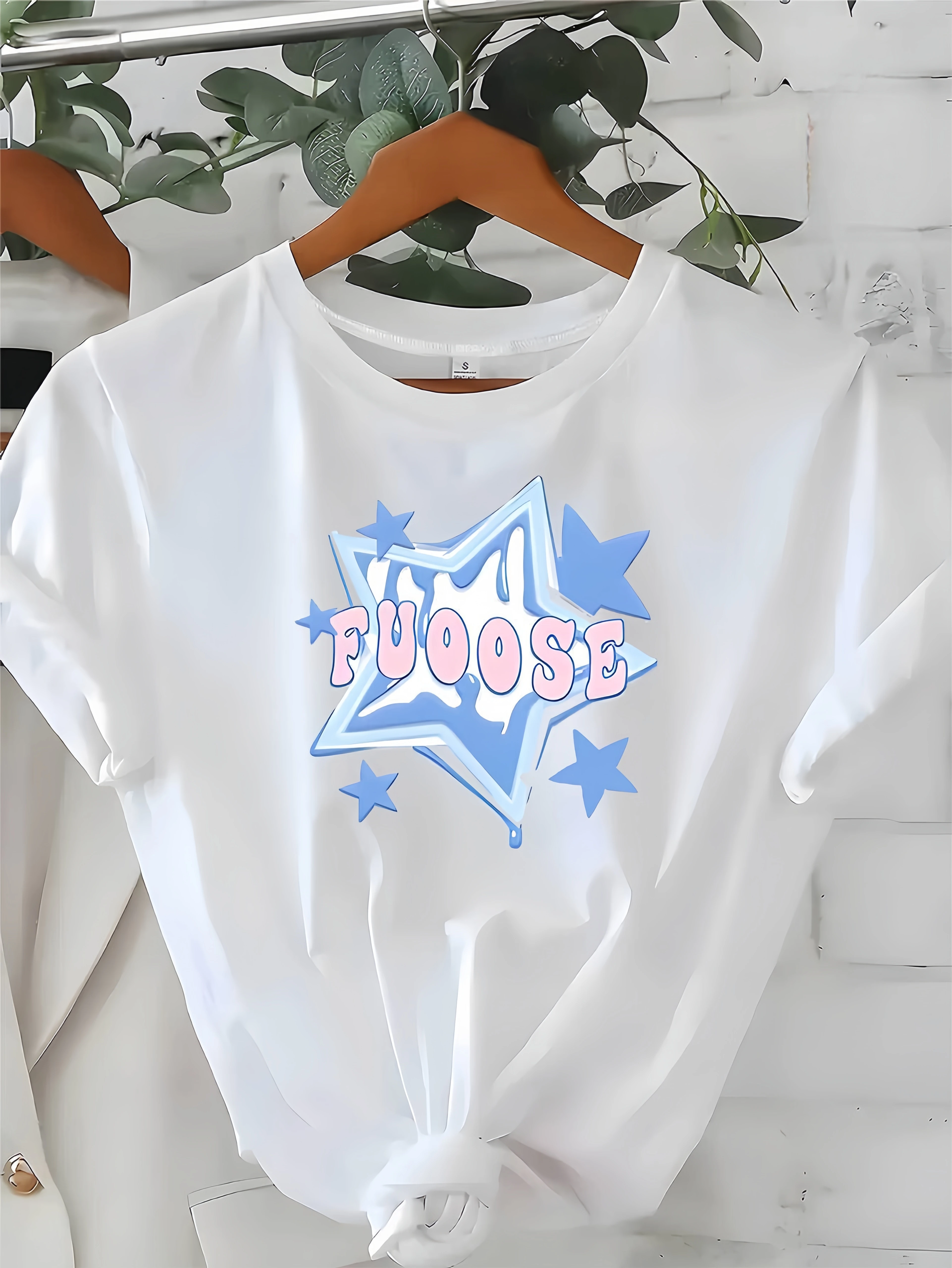 تي شيرت نسائي - بلوزة كاجوال مريحة برقبة دائرية مع طباعة بنمط نجمة وحروف #2