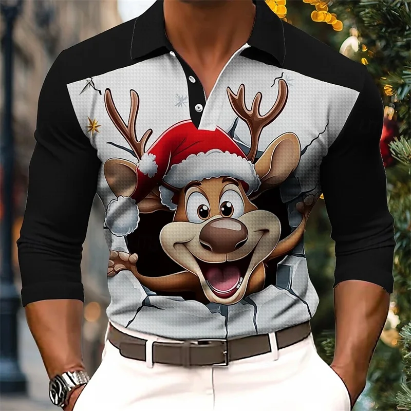 3D Print Animal Graphic Men's Christmas Polo Shirts Casual Funny Long Sleeve Button Polo Shirt Mens Oversized Party Tshirt Tops