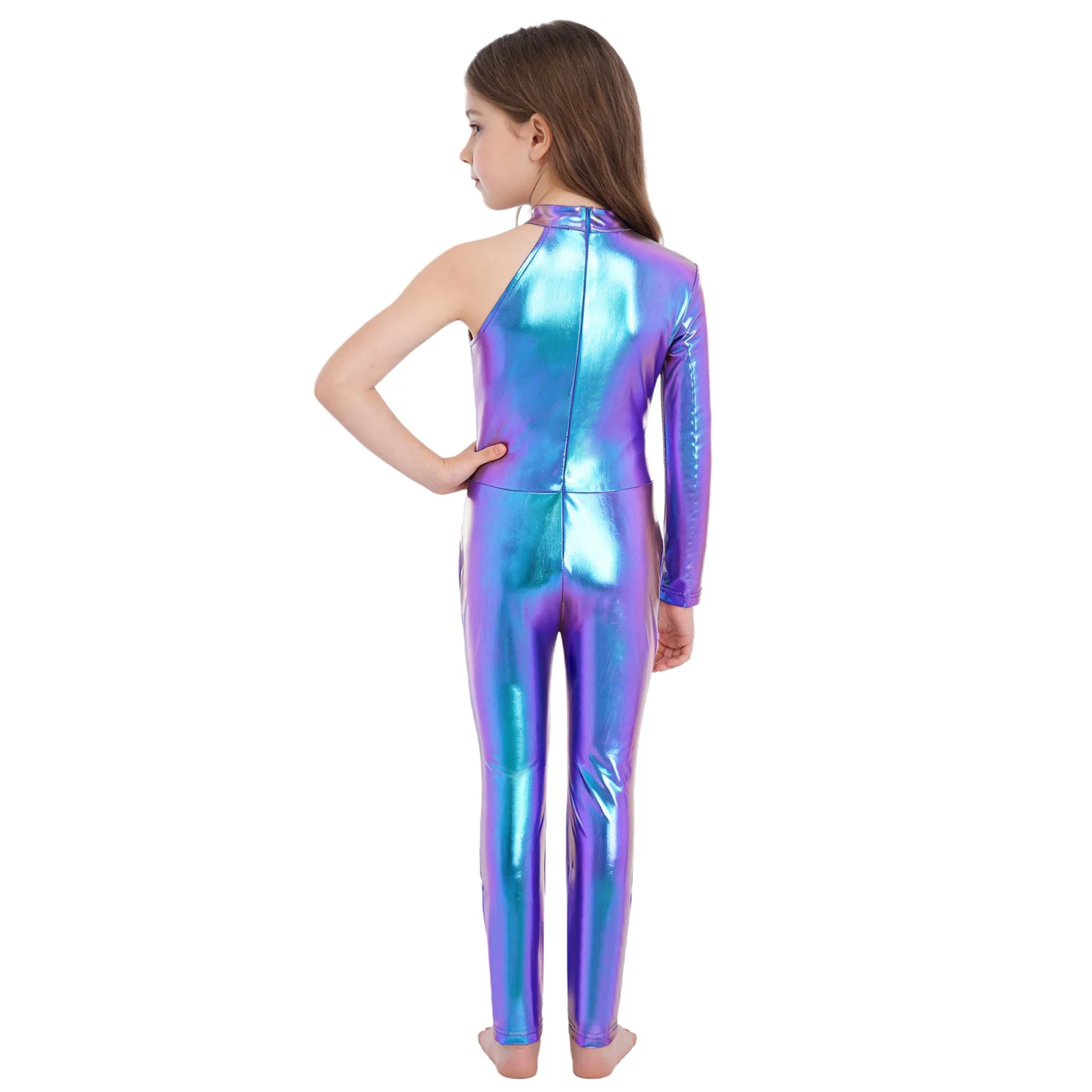 Kids Girls Gymnastics Rhythmic Leotard Jumpsuit One-piece Dance Performance Costume Metallic One Sleeve Full Length Leotards