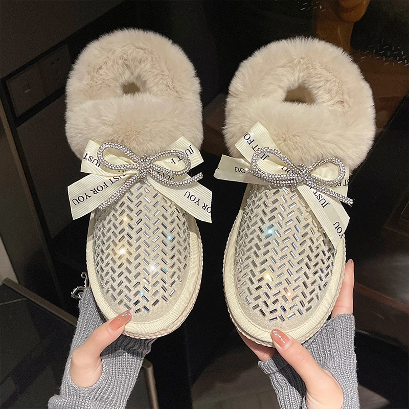 Women\'s Rubber Boots Plush Winter Footwear Luxury Designer  Female Shoes Boots-Women Crystal Flat Heel Australia Round Toe Rain