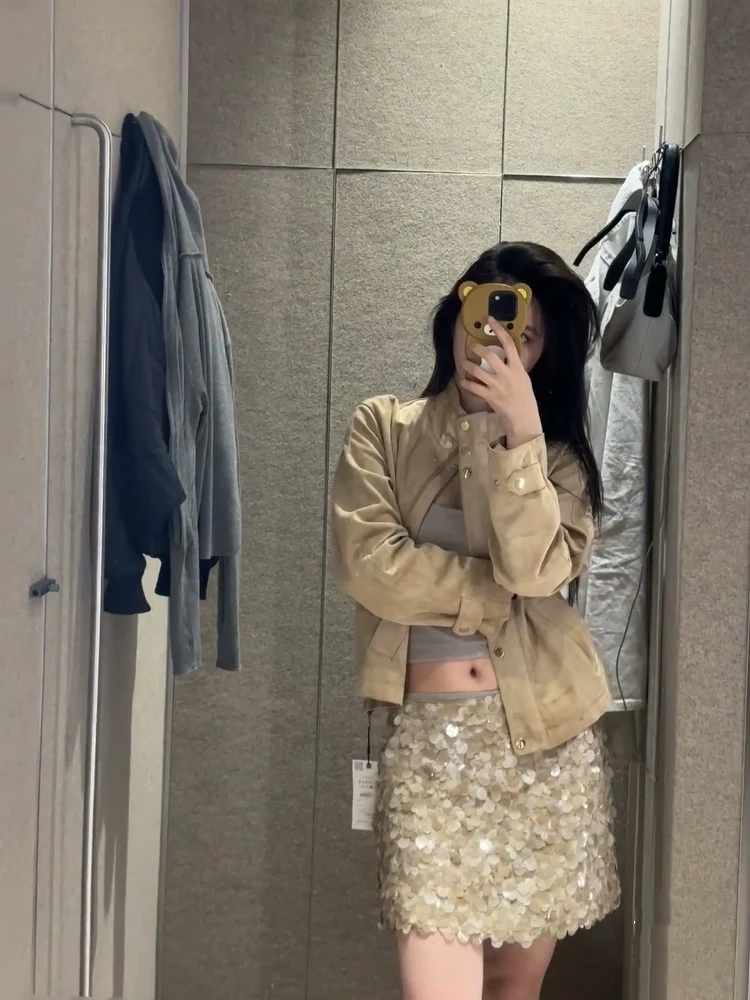 تنورة قصيرة نسائية عصرية لربيع وصيف 2025 بأسلوب بانك، خصر مرتفع مع ترتر لامع، تنورة قصيرة كاجوال من ألياف البوليستر #4