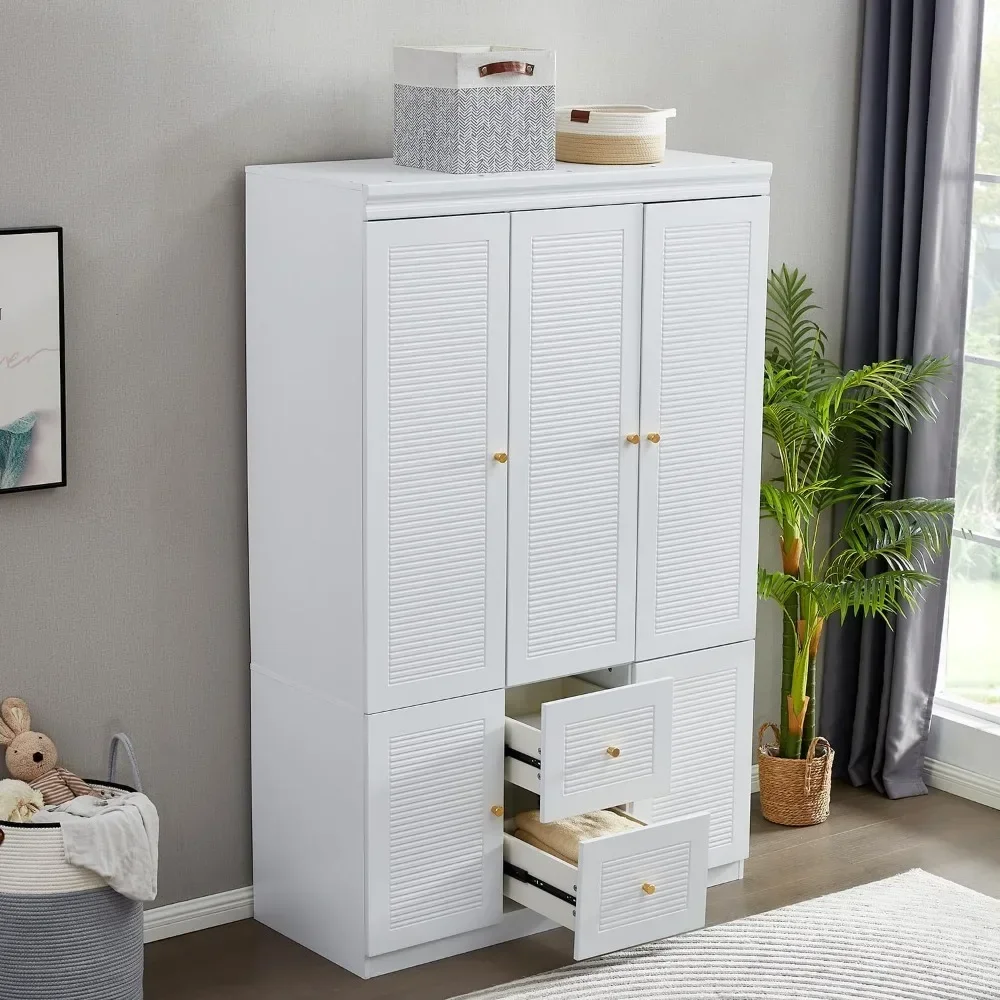 

74.2"Wardrobe Closet Storage, Wood 3 Door 2 Drawers for Large Capacity,Tall Cabinet Closet with Hanging Rod and 5 Storage, White