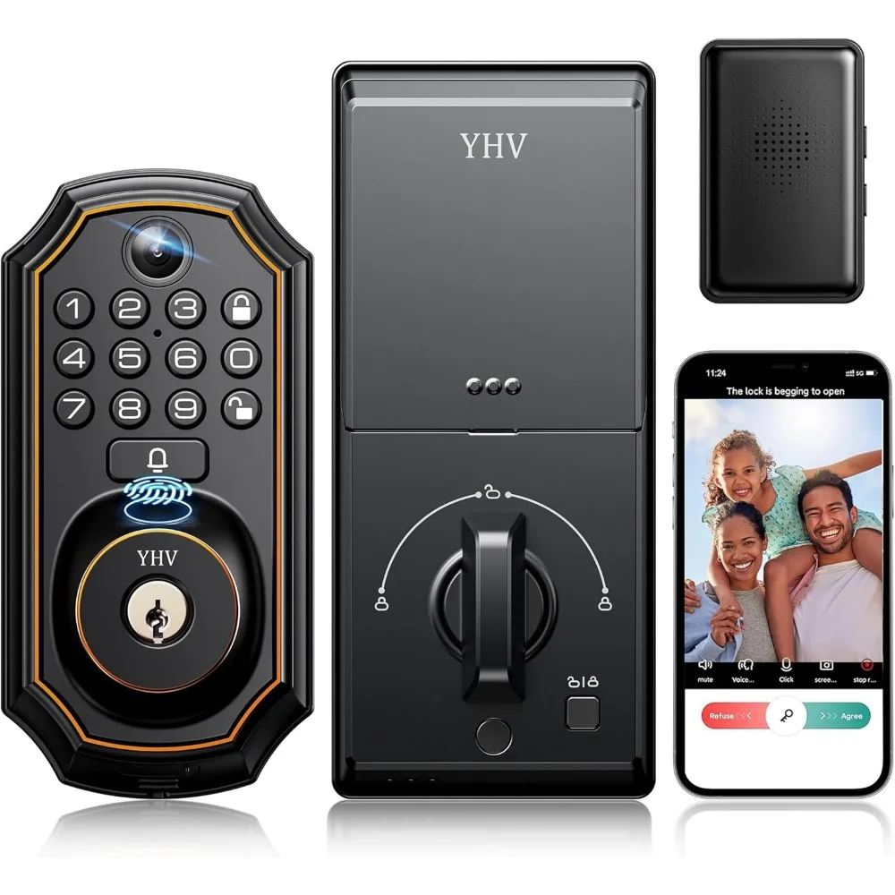 Keyless Entry Door Lock with Camera Electronic Smart Lock Fingerprint Keypad Deadbolt with Code, App Remote Control, Auto Unlock