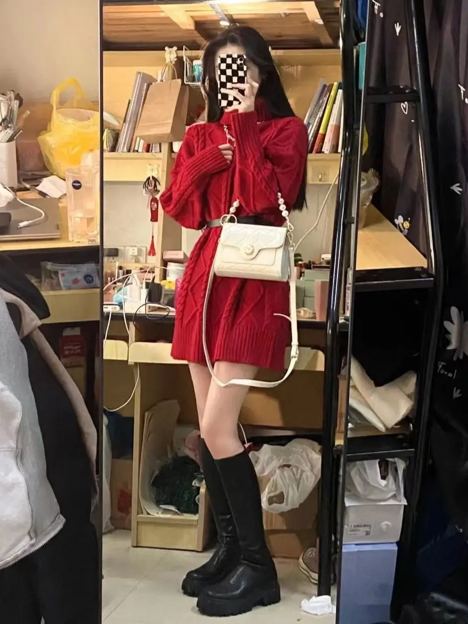 Loose Hig Neck Knitwear Women's Autumn Winter New Style Medium Length Plus Size Belly Cover Slimming Trendy Base Layer Top M86