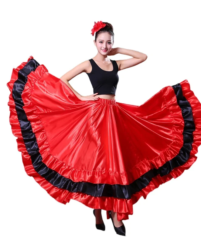 Mulheres Saia Taurina Espanhola, Dança do Ventre, Dança do Ventre Adultos, Abrindo a Praça, Saia Flamenco Oriental, Vermelho, 360 Graus, 540, 720 Graus, Novo