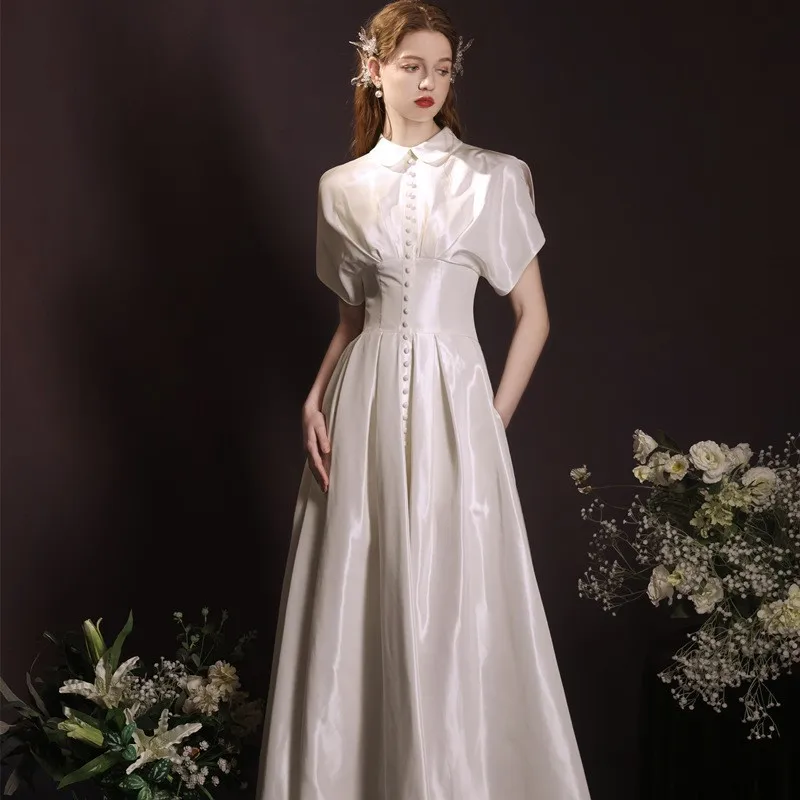 نمط جديد شهادة الزفاف الفن امتحان العشاء السنوي ريترو أنيق فستان أبيض قصير للنساء