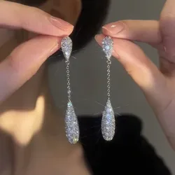 Luxury Zircon Wedding Long Dangle Earrings With Round Water Drop Elegant Earrings for Women Bridal Wedding Jewelry Dress