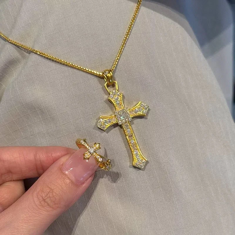 luxury real gold jewelry 24k certifid full diamond pendant necklace cross temperament classic clavicle chain