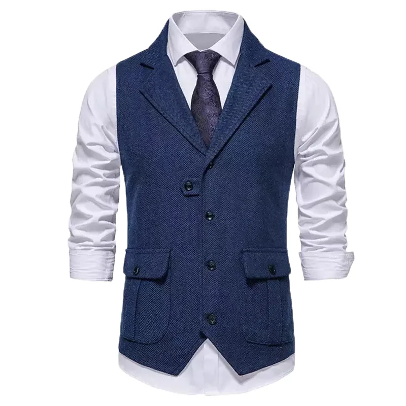 

Men's Suit Vest Western Herringbone Suit Tuxedo Vest Tweed Wool Blend Waistcoat Slim Fit Blue Blazer Vest with 2 Flap Pocket