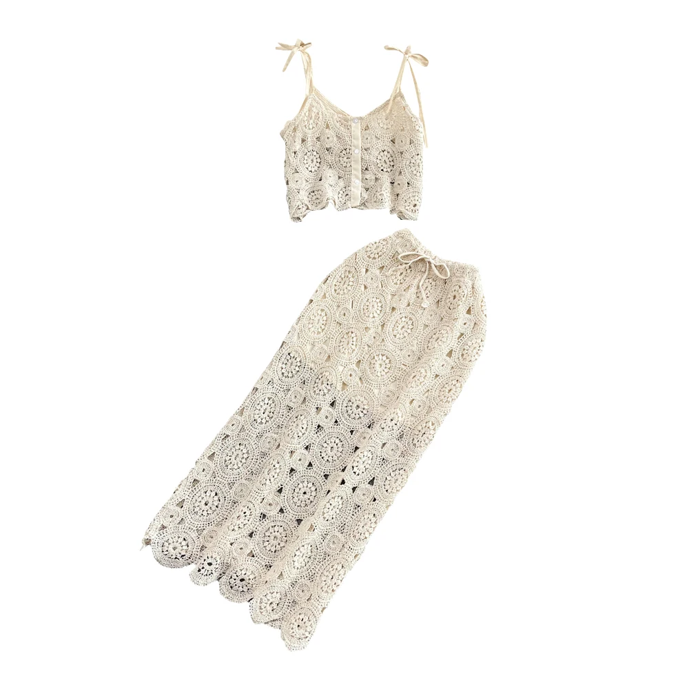 Beach Vaion Faion Set Women Sweet Hook Flower Hollow out Strap Vest Two Piece High Waist Midi Skirt f Body Skirt