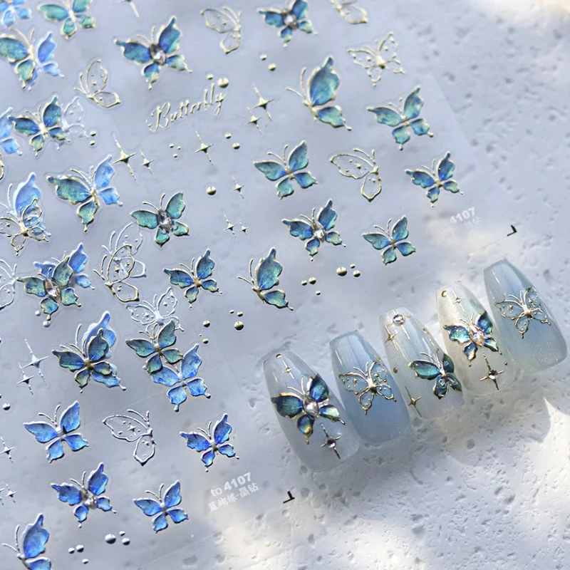 Blue Green Butterfly Stars Shiny 3D Jelly Self Adhesive Nail Art Sticker Rhinestone Illusion Polarized Manicure Decals Wholesale