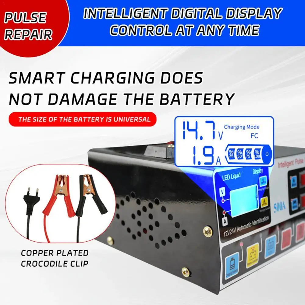 

12/24V Auto Motorcycle Automatic Battery Charger Pulse Lead Acid Battery High Power LED Display Intelligent Pulse Repair Tool