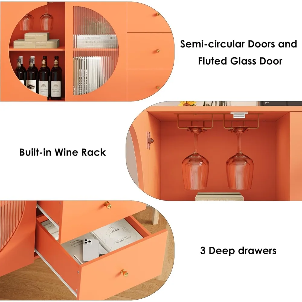 Modern Cream Buffet Sideboard with Fluted Glass Door and Wine Glass Rack