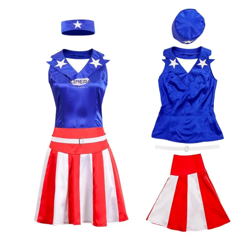 Vestido Americano Rojo con Rayas Blancas y Estrellas para Mujer, Disfraz de Capitán, Uniforme de Animadora, Fiesta de Club, Actuación de Fútbol Americano