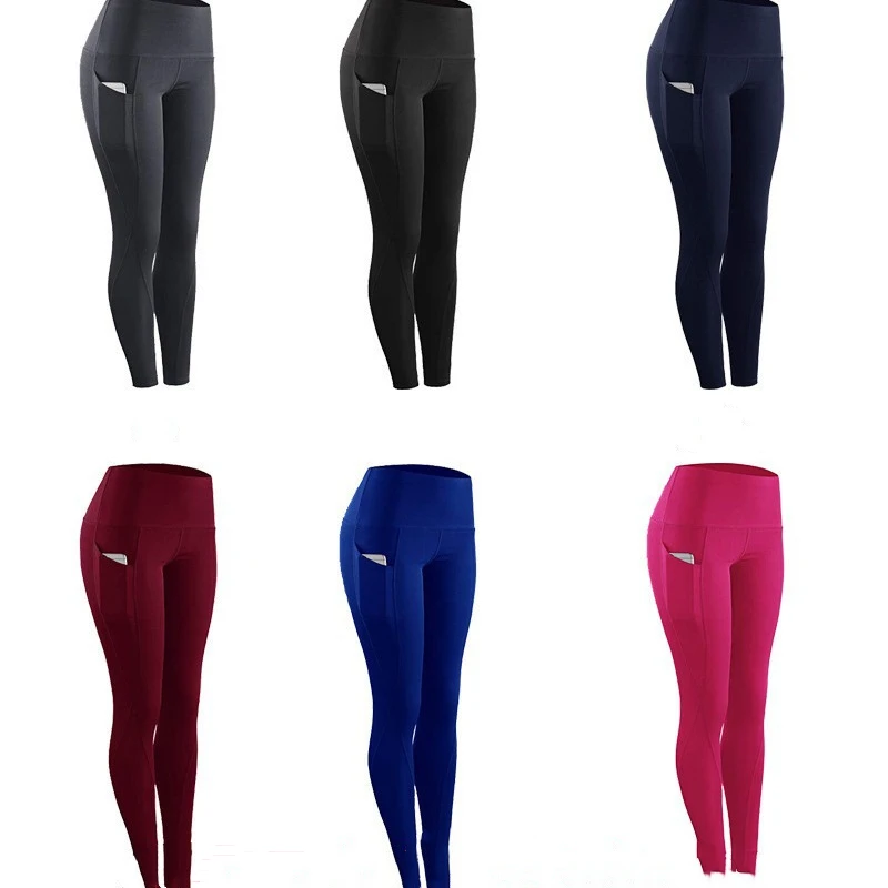 Raise Waist and Buttocks Pocket Yoga Pants Women Solid Fitness Sports Leggings High Waist Elastic Gym Tights Female Trousers