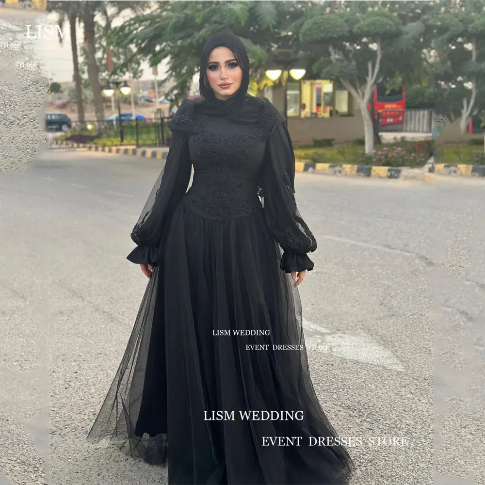 LISM Vintage Black Tulle Lace Applique Evening Dress Saudi Arabia Dubai Puff Sleeves A-Line Floor-Length Prom GownWith Veil