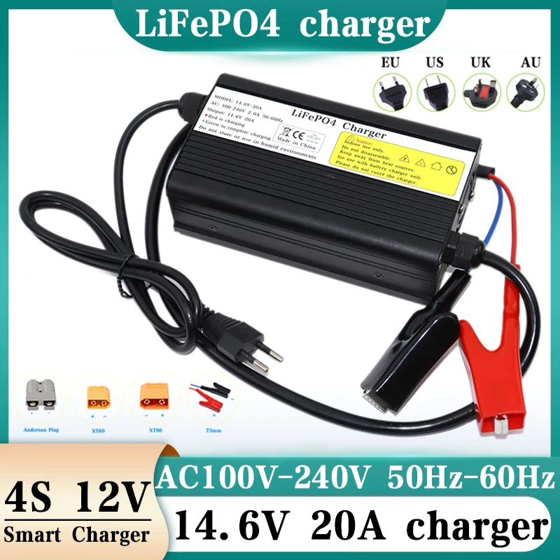 14.6V 20A LiFePO4 Battery Charger For 12V 12.8V LiFePO4 Battery Charger EU US AU UK Plug XT60 XT90 Crocodile clip Anderson plug