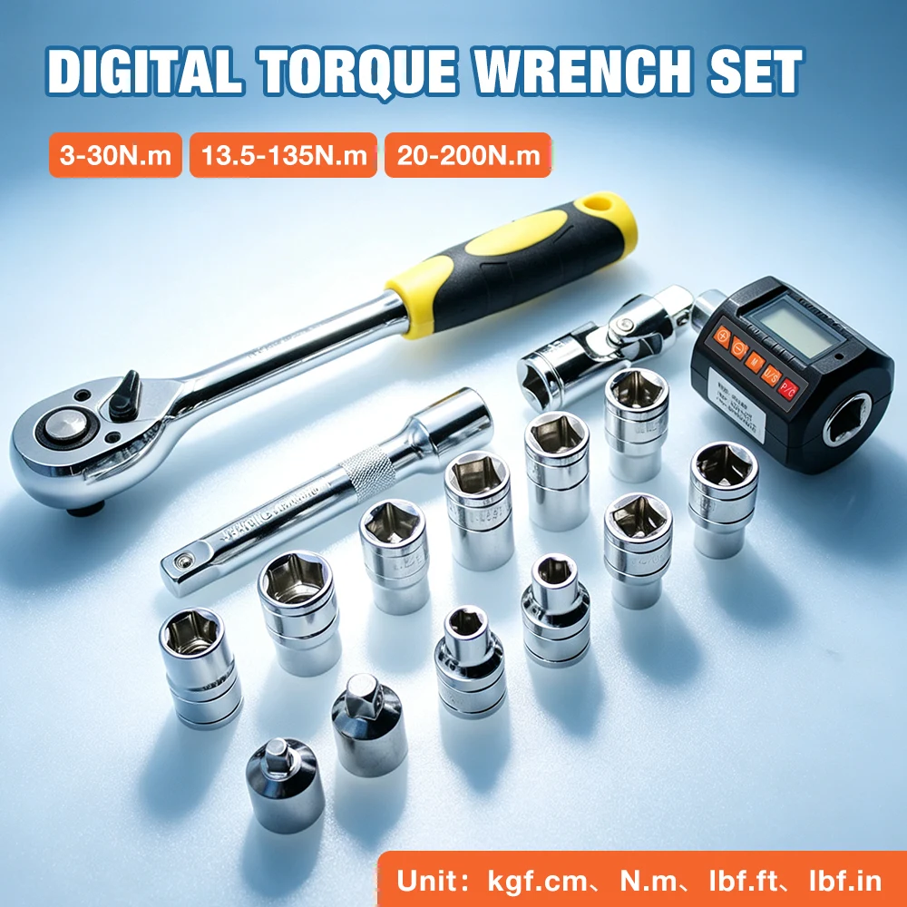 Digital Torque Gauge with Ratchet Wrench Set 3-30N.m 13.5-135N.m 20-200N.m Peak Real-Time Preset Mode Torque Tester