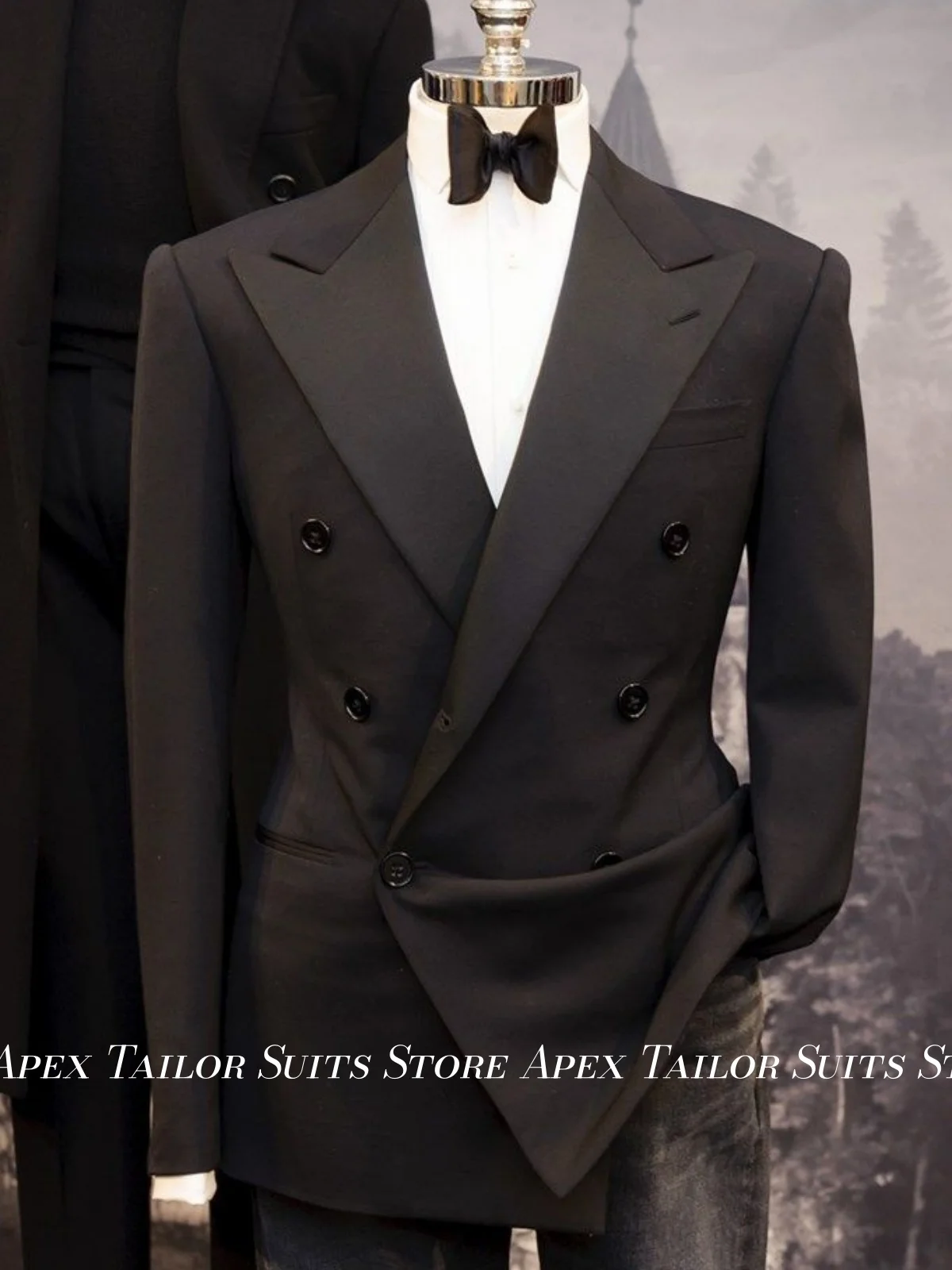 Elegant Vintage Black Men Tuxedo Blazer Double Breasted Peak Lapel Suit Coat Wedding Groom Interview Formal Prom Jacket