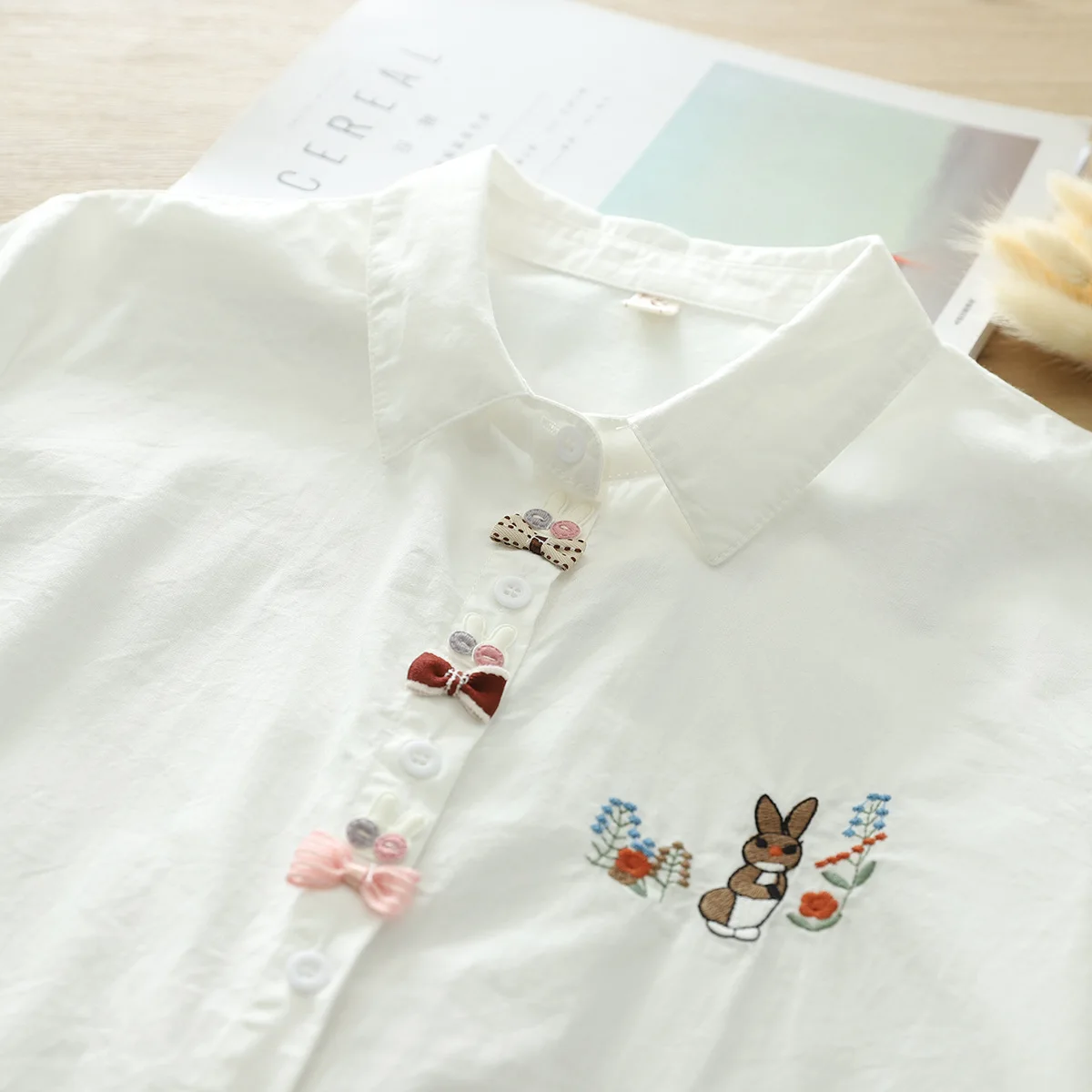 New Spring Cotton Cardigan Shirt Women Lapel Bow Loose Tops Girl Long Sleeve Cartoon Embroidery Blouses 2024 Autumn T42950QM